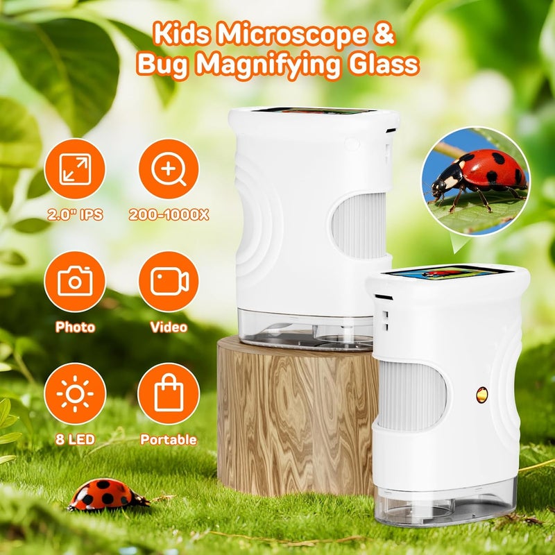 Ashfly 1000X Handheld Digital Microscope for Kids with 2.0" IPS Screen, Portable STEM Science Lab Toy, Rechargeable Pocket Microscope Educational Gift for Boys & Girls Age 4-6 8-12, White - Image 2